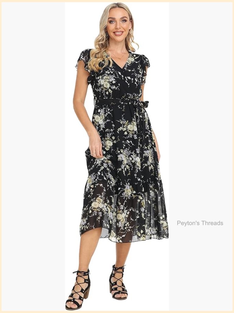 Womens Floral Sundress Boho Wrap V Neck Ruffle A-Line Midi Dress